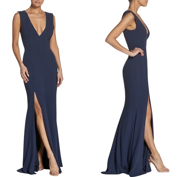 NEW Dress the Population Sandra Plunging V Neck Gown in Midnight Blue - Picture 1 of 4